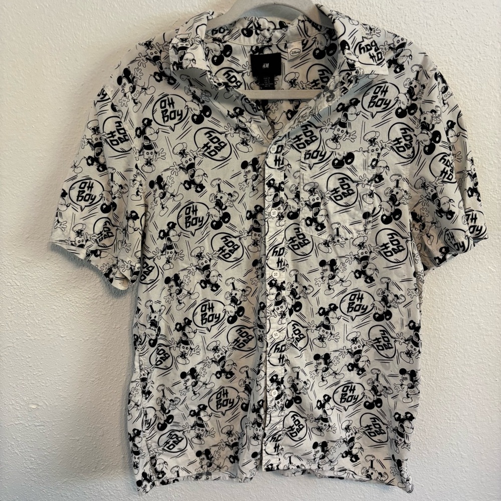 H&M MEN'S DISNEY MICKEY MOUSE BUTTON FRONT SHORT SLEEVE SHIRT "OH BOY" sz M